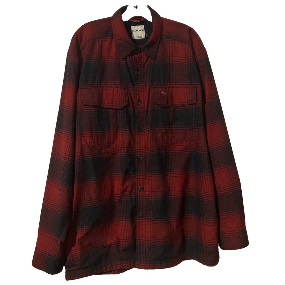 SIMMS Men's Large Flannel Shirt Button Down Fleece-lined Cold Weather Red/Black